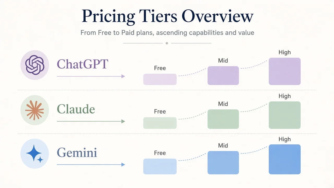 Conceptual Free → Mid → High pricing tiers for ChatGPT, Claude, and Gemini
