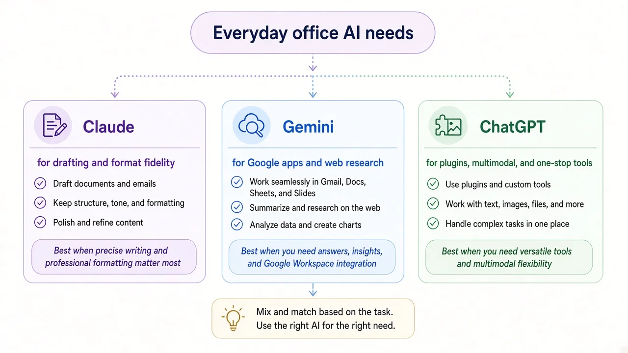 Decision map: Claude for drafting, Gemini for Google apps and research, ChatGPT for plugins and multimodal