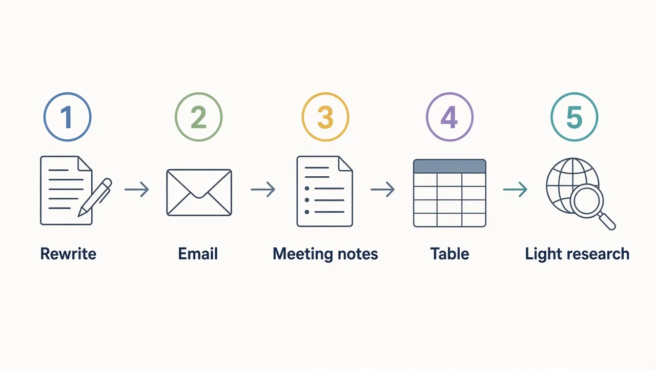 Five identical test tasks: rewrite, email, meeting notes, table, light research