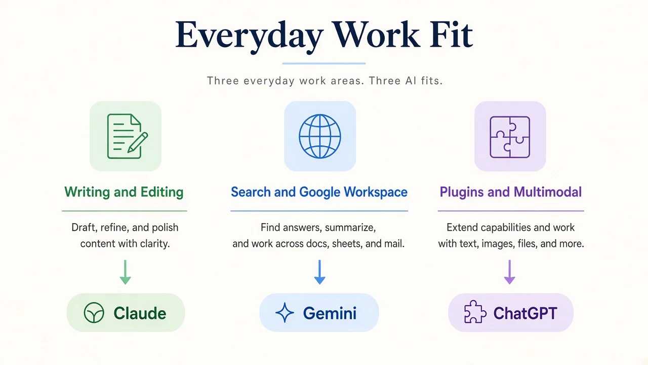 Everyday work fit: writing → Claude, Google workflows → Gemini, plugins → ChatGPT
